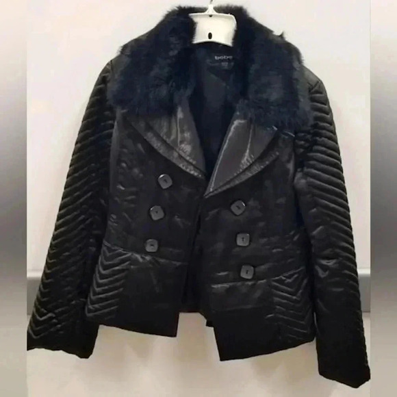 Bebe black Satin Quilted Pea Coat with fur collar Women's Size S - Picture 7 of 17